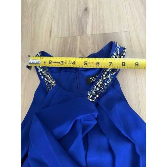 Women's SLNY Beaded Halter Neck Chiffon Dress Size 10 Royal Blue - Picture 3 of 9